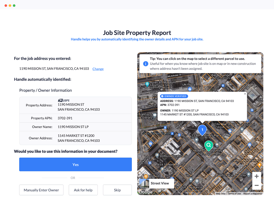 Parcel map for instant and accurate owner verification.